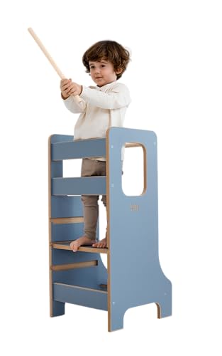 Kindersicherer Lernturm blau | Verstellbarer Montessori-Küchenhelfer blau | Montessori Küchenhelfer | Lernturm blau aus Holz | Holzplattform | Kinder Küchen Treppe von Babywood