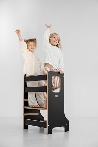 Lernturm Double Slim, Holz Lernturm für Geschwister, Entdeckungsturm für Zwei Kinder, Lernstuhl aus Holz, Learning Tower Montessori, Kitchen Helper (Schwarz) von Babywood