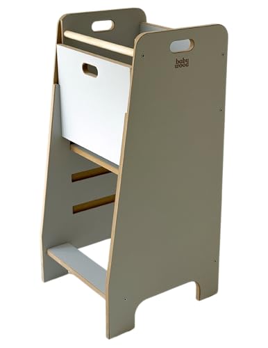 Lernturm aus Holz extra sicher | Montessori Küchenhelfer | Küchenhelfer | Verstellbare Plattform | Kitchen Helper | Sichere Küchenmöbel | Küchentreppe eingebettet (Grau) von Babywood