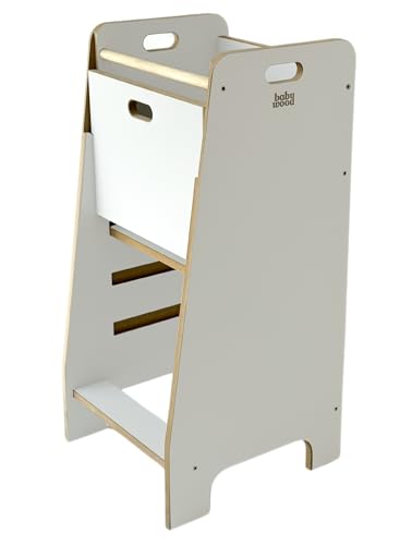 Lernturm aus Holz extra sicher | Montessori Küchenhelfer | Küchenhelfer | Verstellbare Plattform | Kitchen Helper | Sichere Küchenmöbel | Küchentreppe eingebettet (Weiss) von Babywood