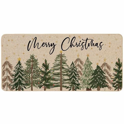 Baccessor Fußmatte mit Aufschrift "Merry Christmas", Weihnachtsbäume, Winter, schneebedeckter Wald, Kiefernbaum, Willkommens-Fußmatte, rutschfest, Gummi, Eingang, Veranda, Innen- und Außenbereich von Baccessor