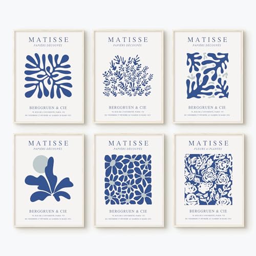 Blue Matisse Wandkunstdrucke, Set mit 6 abstrakten, ästhetischen Leinwand-Kunst, trendig, Henri Matisse, Wandkunst, Poster, Marineblau, Kunstwerk, Blumenmarkt, minimalistische Bilder für Zimmer, von Baccone