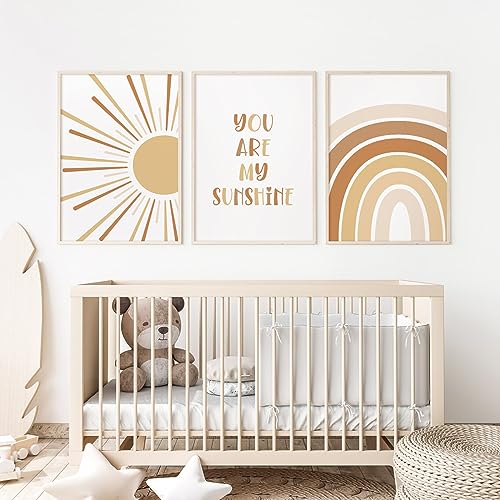 Boho Kinderzimmer Wandkunst Baby Mädchen Wanddekoration Kinder Regenbogen Leinwand Wandkunst You Are My Sunshine Bilder Kleinkind Sonne Drucke Kinderzimmer Kunstwerk für Zimmer Schlafzimmer 3er Set von Baccone