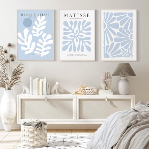 Henri Matisse Wandkunstdrucke, Set mit 3 blauen abstrakten Matisse-Leinwanddekor, ästhetisch, adrette Wandkunst, blaue Matisse-Poster, Kunstwerk, Blume, minimalistische Bilder für Zimmer, von Baccone