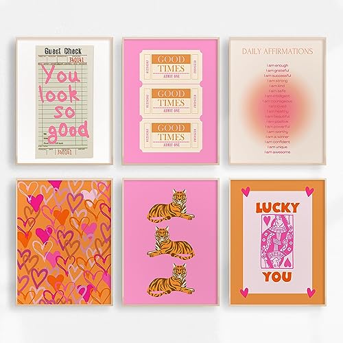 Adrette Wandkunst, rosa/orange, Leinwandkunst, ästhetische Bilder, Mädchen-Poster, inspirierende, tägliche Bestätigungsdrucke, Glücks-You-Kunstwerk, 6er-Set für Schlafsaal, 20,3 x 25,4 cm, ungerahmt von Baccone