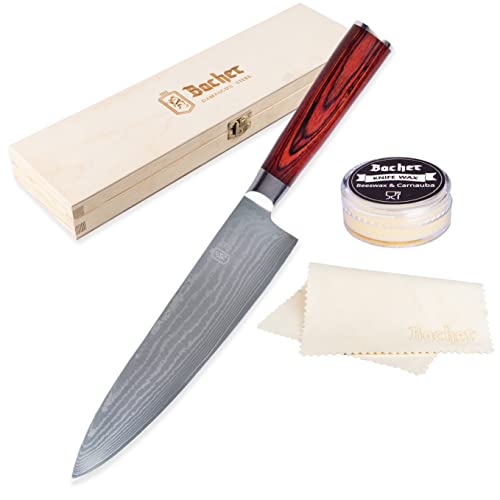 Bacher Chefmesser Damastmesser 20cm – Geschmiedet aus 67 Legen AUS 10V - Damaszener Chef Messer - Profi Küchenmesser aus Echter Japanische Damaststahl mit Pakka holzgriff – Kochmesser mit Geschenkbox von Bacher