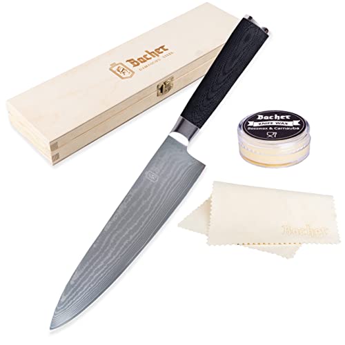 Bacher Kochmesser Echte Damastmesser 20cm – Geschmiedet aus 67 Legen AUS 10V - Damaszener Chef Messer - Profi Küchenmesser aus Echter Japanische Damaststahl mit G10 griff – Chefmesser mit Geschenkbox von Bacher