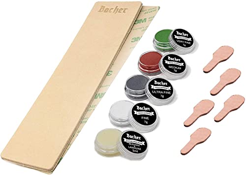 BACHER Premium Schärfset Leder Streichriemen DIY 1/8" dickes Doppelseitig Rindleder (206mm x 56mm) mit 3M klebeband und Set 4 x 7g Polierpaste Kit von Bacher