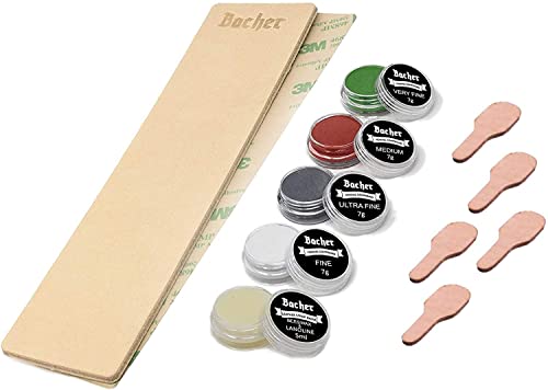 Bacher Premium Schärfset Leder Streichriemen DIY 1/8" dickes Doppelseitig Rindleder (206mm x 56mm) mit 3M klebeband und Set 4 x 7g Polierpaste Kit von Bacher