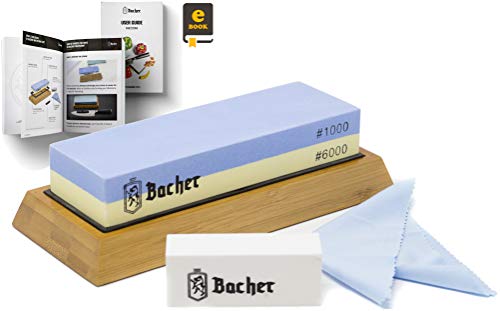 BACHER Premium Schleifstein. Zweiseitig, Körnung 1000/6000 Wetzstein Abziehsteine. Messerschärfer Wasserstein mit rutschfestem Bambusblock, Läppstein und detaillierter eBook-Anleitung von Bacher