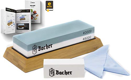 BACHER Premium Schleifstein. Zweiseitig, Körnung 3000/8000 Wetzstein Abziehsteine. Messerschärfer Wasserstein mit rutschfestem Bambusblock, Läppstein und detaillierter eBook-Anleitung von Bacher