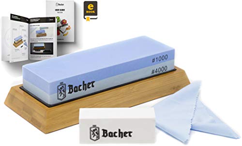 Bacher Premium Schleifstein. Zweiseitig, Körnung 1000/4000 Wetzstein Abziehsteine. Messerschärfer Wasserstein mit rutschfestem Bambusblock, Läppstein und detaillierter eBook-Anleitung Bacher Premium Schleifstein. Zweiseitig, Körnung 1000/4000 Wetzstein Abziehsteine. Messerschärfer Wasserstein mit rutschfestem Bambusblock, Läppstein und detaillierter eBook-Anleitung von Bacher