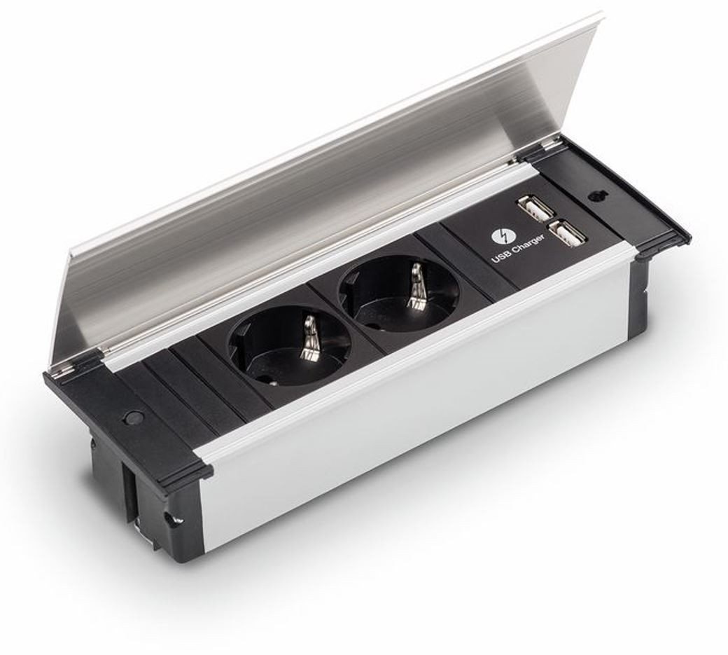 Bachmann GmbH Steckdosenelement Kapsa-USB mit Schukosteckdosen, Deckel weiß 7053080 Steckdosenleiste (Steckdosenelement, 2-fach und Doppel USB Charger (Ladestation). Zum Einbau in Arbeitsplatte, Frontblende oder Seitenwand., Einbausteckdosenelement, Kabellänge 2 m), Einbaumontage, Frontblende, auf der Arbeitsplatte von Bachmann GmbH