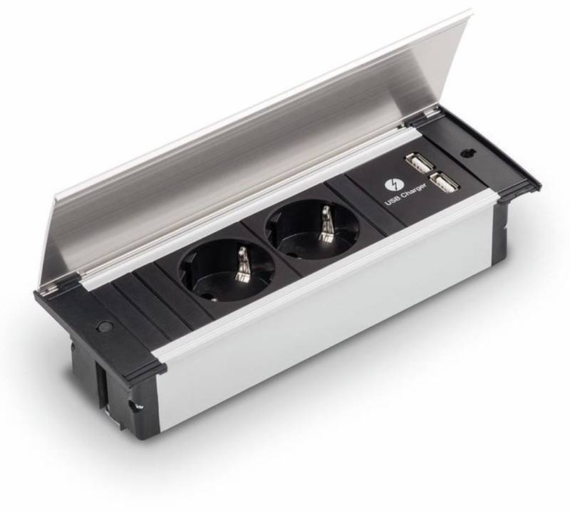Bachmann GmbH Steckdosenelement Kapsa-USB mit Schukosteckdosen, Deckel weiß 7053080 Steckdosenleiste (Steckdosenelement, 2-fach und Doppel USB Charger (Ladestation). Zum Einbau in Arbeitsplatte, Frontblende oder Seitenwand., Einbausteckdosenelement, Kabellänge 2 m), Einbaumontage, Frontblende, auf der Arbeitsplatte von Bachmann GmbH