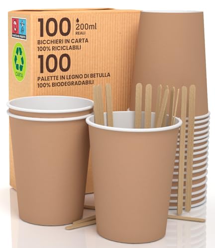 100 Becher aus Havanna-Papier, 200 ml, aus Papier mit Einweg-Paletten, heiße und kalte Getränke, umweltfreundliche Tees, biologisch abbaubare Einwegbecher + 100 Paletten à 11 cm aus Birkenholz von Baciato Caffè