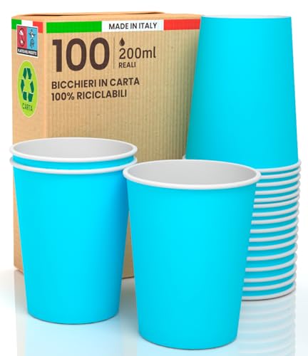 100 Papierbecher, 200 ml, umweltfreundlich, biologisch abbaubar, Einweg-Asport, warme Getränke, Hellblau, Blau von Baciato Caffè