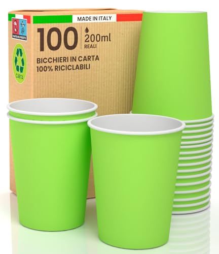 100 Papierbecher, 200 ml, umweltfreundlich, biologisch abbaubar, Einweg-Asport, warme Getränke, bunt, grün von Baciato Caffè