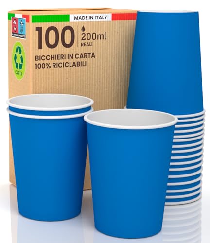 100 Papierbecher, 200 ml, umweltfreundlich, biologisch abbaubar, hergestellt in Italien, Asporto, Warmwassergetränke, bunt, blau, hergestellt und verpackt in Italien von Baciato Caffè