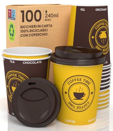 100 Pappbecher 240 ml Ökologisch biologisch abbaubar Einweg-Heißgetränke zum Mitnehmen Wasserfarben + 100 Deckel mit Ausgießer von Baciato Caffè