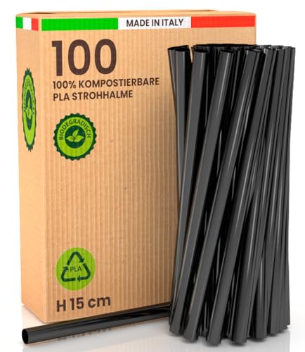 100 ökologische 100% starre Bioplastik Jumbo Strohhalme - 15cm x 8mm biologisch abbaubar kompostierbar wiederverwendbar Made in Italy - Ideal für Getränke Cocktails Events und Partys - Farbe Schwarz von Baciato Caffè