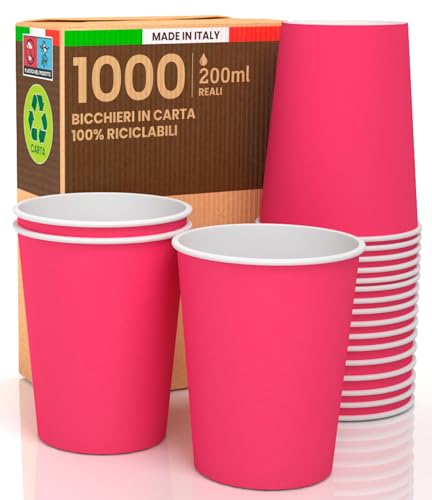 1000 Pappbecher 200 ml Fuchsia Made in Italy umweltfreundlich biologisch abbaubar Einweg für den Sport Heißgetränke buntes Wasser - Hergestellt und verpackt in Italien von Baciato Caffè