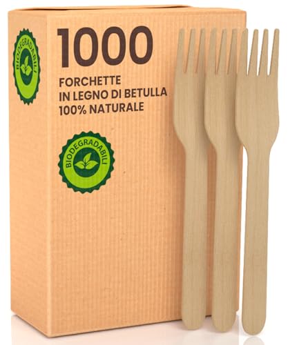 1000 Umweltfreundliche Gabeln aus 100% natürlichen Einweg-Birkenholz, biologisch abbaubar und kompostierbar, Besteck und Werfen von Baciato Caffè