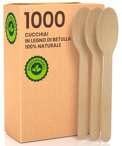 1000 umweltfreundliche Löffel aus Einweg-Birkenholz, 100 % natürlich, biologisch abbaubar und kompostierbar, Besteck zur Verwendung und Werfen von Baciato Caffè