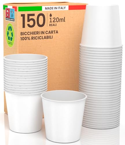 150 weiße Papierbecher, 120 ml, umweltfreundlich, biologisch abbaubar, Einweg-Made in Italy, Asporto, heiße Getränke, Wasser, hergestellt und verpackt in Italien von Baciato Caffè