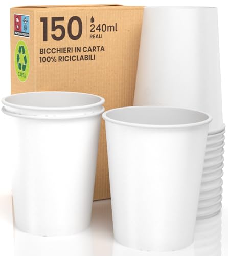 150 weiße Papierbecher, 240 ml, umweltfreundlich, biologisch abbaubar, Einweg-Asport, heiße Getränke, Wasser von Baciato Caffè