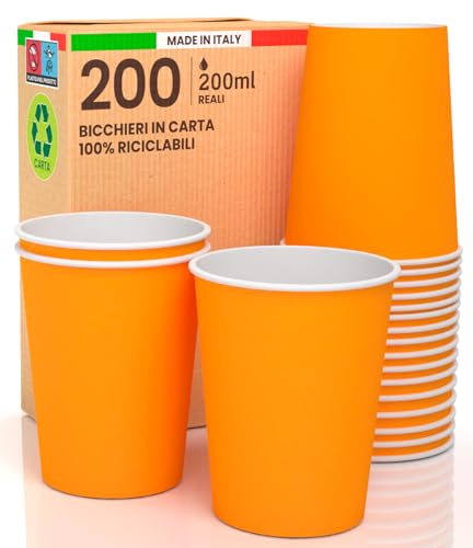 200 Becher aus Papier, 200 ml, umweltfreundlich, biologisch abbaubar, Einweg, hergestellt in Italien, für den Außenbereich, warme Getränke, Wasser, orange gefärbt, hergestellt und verpackt in Italien von Baciato Caffè