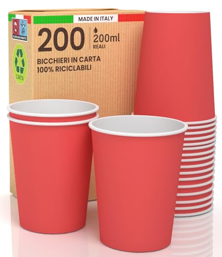 200 Papierbecher, 200 ml, umweltfreundlich, biologisch abbaubar, Einweg-Made in Italy, Asporto, Warmwassergetränke, bunt, rot, hergestellt und verpackt in Italien von Baciato Caffè