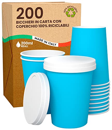 200 Stück Pappbecher mit Deckel Umweltfreundlich & Recyclingfähig, Für Heiß- und Kaltgetränke | Partybecher Kaffeebecher Trinkbecher, Blau, 0,2l von Baciato Caffè