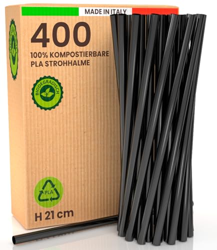400 Ökologische 100% Wiederverwendbare Strohhalme aus Starrem Biokunststoff 21cm x 6mm Made in Italy Biologisch Abbaubar und Kompostierbar für Getränke Cocktails Veranstaltungen Partys Farbe Schwarz von Baciato Caffè