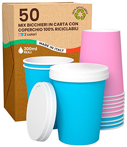 50 Kaffeebecher aus Papier, gemischt, rosa, hellblau, 200 ml, mit Deckel aus Papier, heiße und kalte Getränke, biologisch abbaubar, farbige Einwegbecher + 50 Deckel aus Papier mit Ausguss von Baciato Caffè