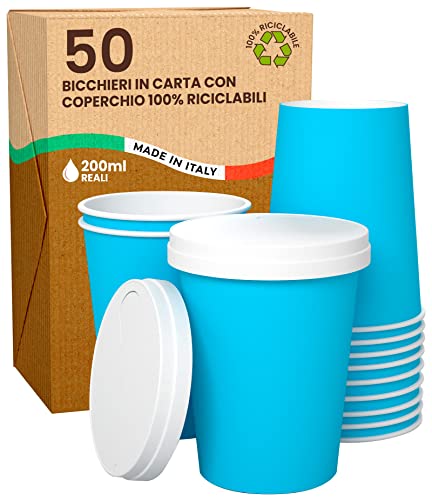 50 Kaffeebecher aus blauem Papier, 200 ml, mit Deckel aus Papier, heiße und kalte Getränke, umweltfreundlich, biologisch abbaubar, Einwegbecher + 50 Deckel aus Papier mit Auslauf von Baciato Caffè