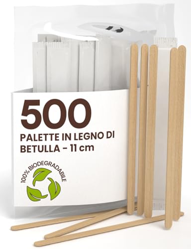 500 Einweg-Kaffee- und Cappuccino-Paletten aus Birkenholz, 11 cm, einzeln verpackt, biologisch abbaubar und kompostierbar, hitzebeständig zum Mischen von Kaffee und Getränken von Baciato Caffè