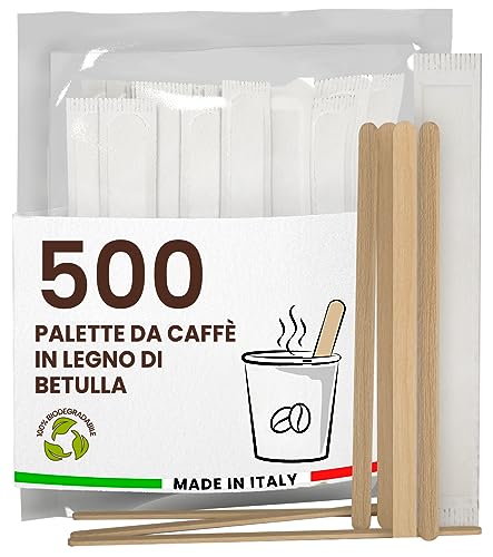 500 Einweg-Kaffeepaletten aus Birkenholz, einzeln verpackt, biologisch abbaubar und kompostierbar, hitzebeständig zum Mischen von Kaffee und Getränken, hergestellt in Italien von Baciato Caffè