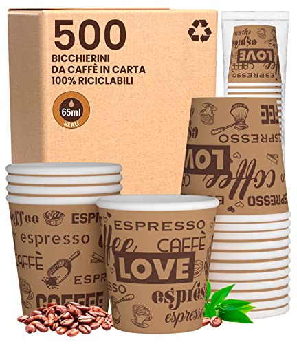 500 Espresso Pappbecher 65ml Biologisch Abbaubare Kaffee Einwegbecher - Ökologisches Design LoveBrownCUP - Kleine Größe für italienischen Espresso für Heißen Getränken von Baciato Caffè