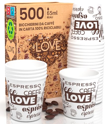 Baciato Caffè 500 Espresso Pappbecher 65ml Biologisch Abbaubare Kaffee Einwegbecher - Ökologisches Design LoveWhiteCUP - Kleine Größe für italienischen Espresso für Heißen Getränken von Baciato Caffè