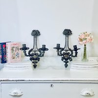 Vintage Messing Wandleuchten Kandelaber Paar 2Er Set Silber Mcm Hollywood Regency von BackInTimeByAmanda