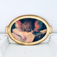 Vintage Sezzatini Florentiner Cherub Serviertablett Italien Florenz Goldvergoldet 15x10 Oval von BackInTimeByAmanda