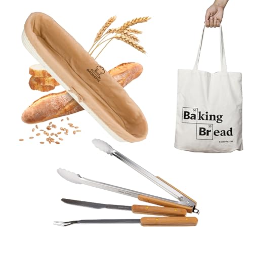 Backefix Grillfix Vatertag Grillkönig Set - Das ultimative Geschenk für Väter: Professionelles Grillbesteck, Premium Baguette Gärkorb 44cm und Baking Bread Baumwolltasche von Backefix