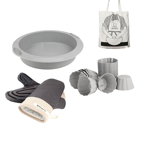 Backefix Runde Sache Set : die perfekte Grundausstattung zum Kuchen oder Muffins backen - Geschenk Set (runde Backform Silikon, 24x Muffinförmchen, Ofenhandschuhe, Baumwolltasche) von Backefix