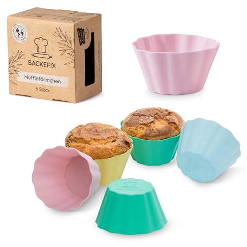 6 bunte wiederverwendbare Backefix Silikon Muffinförmchen Pastell | hochwertige antihaftende Cupcake Förmchen BPA frei | einzelne Muffin Backform spülmaschinenfest, temperaturbeständig von Backefix