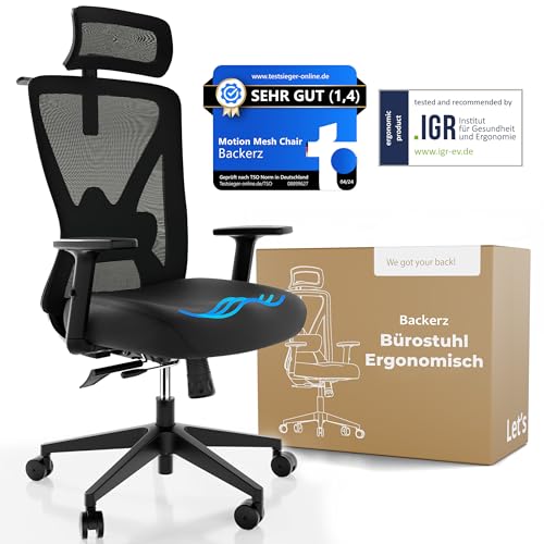 Backerz Bürostuhl Ergonomisch - Bürostühle 150kg, NEN 1335 Zertifiziert - Office Schreibtischstuhl - Chair - Ergonomischer Bürostuhl – Computerstuhl Höhenverstellbar & Rückenschonend – Schwarz von Backerz