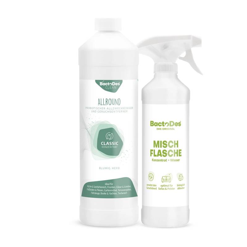 BactoDes Clean Allround Classic Probiotischer Allzweckreiniger und Geruchsentferner mit Blumig-Herben Duft in 1L Flasche mit Misch- und Sprühflasche BactoDes Clean Allround Classic Probiotischer Allzweckreiniger und Geruchsentferner mit Blumig-Herben Duft in 1L Flasche mit Misch- und Sprühflasche von BactoDes