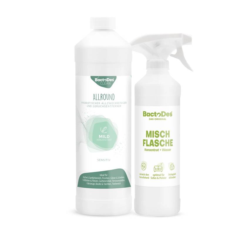 BactoDes Clean Allround Mild Probiotischer Allzweckreiniger und Geruchsentferner mit Sensitiven Duft in 1L Flasche mit Misch- und Sprühflasche BactoDes Clean Allround Mild Probiotischer Allzweckreiniger und Geruchsentferner mit Sensitiven Duft in 1L Flasche mit Misch- und Sprühflasche von BactoDes