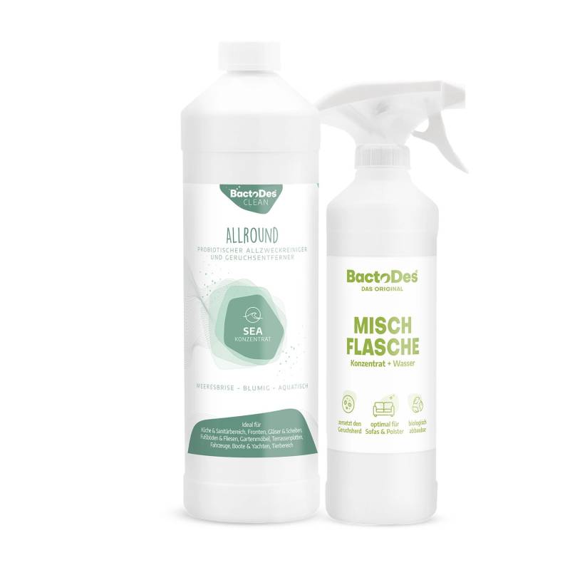 BactoDes Clean Allround Sea Probiotischer Allzweckreiniger und Geruchsentferner mit Meeresbrisenduft in 1L Flasche mit Misch- und Sprühflasche BactoDes Clean Allround Sea Probiotischer Allzweckreiniger und Geruchsentferner mit Meeresbrisenduft in 1L Flasche mit Misch- und Sprühflasche von BactoDes