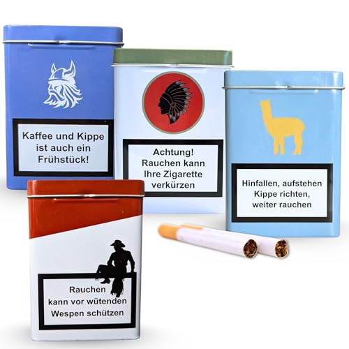 Bada Bing® 4er Set Metall Zigarettenetui mit witzigem Spruch - Robuste Zigarettenbox Zigarettendose mit Kippdeckel schützt vor Bruch & Quetschung – Retro Metalldose als Geschenkidee Männer & Frauen von Bada Bing