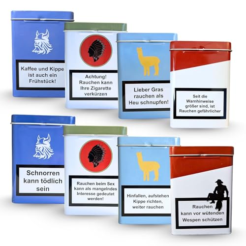 Bada Bing® 8er Set Metall Zigarettenetui mit witzigem Spruch - Robuste Zigarettenbox Zigarettendose mit Kippdeckel schützt vor Bruch & Quetschung – Retro Metalldose als Geschenkidee Männer & Frauen von Bada Bing